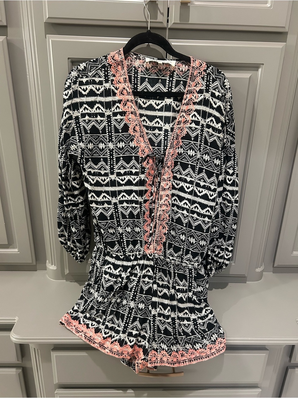 Vintage Havana Black & White Geo Romper with Pink Trim Lace